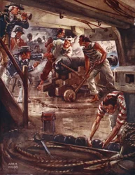 Each gun from its adamantine lips, spread a death shade round the ships, from Ballads of Famous Fights, First Edition, 1920